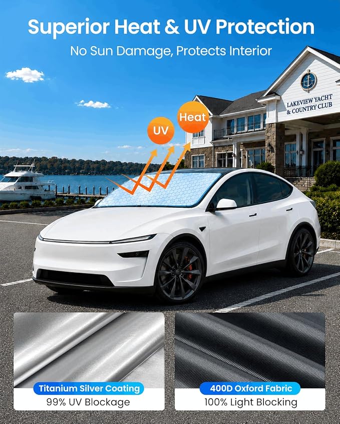 REEVAA Upgraded for Tesla New Model Y 2016-2026 (Juniper) Windshield Sunshade [Tailored Fit, 99% Sun Protection] Foldable Sun Shade Car Accessories with Storage Bag