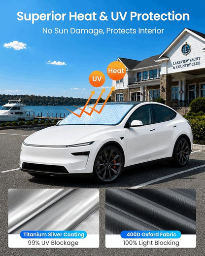 REEVAA Upgraded for Tesla New Model Y 2016-2026 (Juniper) Windshield Sunshade [Tailored Fit, 99% Sun Protection] Foldable Sun Shade Car Accessories with Storage Bag