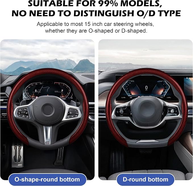 Frani Leather Steering Wheel Cover,Universal Fit 15 Inch-Premium Non-Slip Breathable Comfort Grip for Cars Trucks SUVs,Anti-Slip Durable Interior Upgrade Carbon Fiber Pattern (Red)