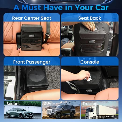 Beicarin Car Trash Can with Lid - Trash Bag Hanging with Storage Pockets Leak-Proof Organizer Collapsible and Portable Waterproof Garbage Bin, 2.2 Gallons Multipurpose Trash Bin for Car