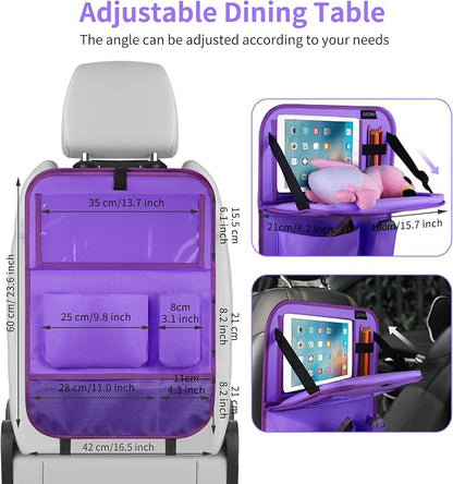 LUCMO Car Backseat Organizer with Tablet Holder-2 Pcs,6 Storage Pockets Car Storage Organizer with Foldable Food Tray,Protectors Kick Mats Travel Accessories-Dark Purple