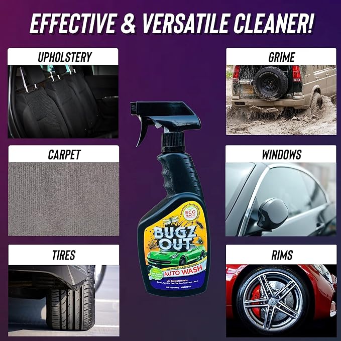 Bugz Out Car Bug Cleaner, Remover and Wash - Spray Bugs, Tar, Bird Poop Off Exterior of Car and Windshield. Remove Black Streaks Without Scratching or Removing Paint. 24 oz spray bottle with