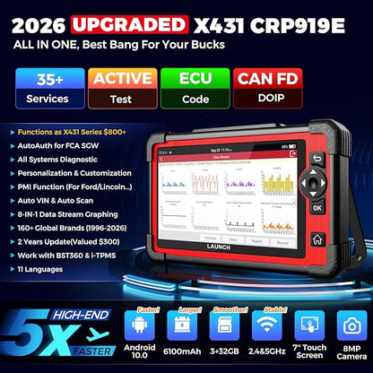 LAUNCH X431 CRP919E OBD2 Scanner, 2026 Bidirectional Scan Tool as CRP919EBT, CANFD/DoIP/FCA SGW, ECU Code, 35+ Service, Active Tests, All-in-One Full System Diagnosis, BST360 & i-TPMS, 2 Year Update