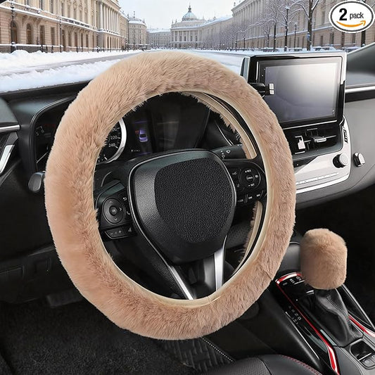 SEG Direct Furry Car Steering Wheel Cover with Gear Shift Cover, Soft and Warm, Cute Fluffy Auto Decor for Women Men, Standard Size, 2 PCS Set, Khaki