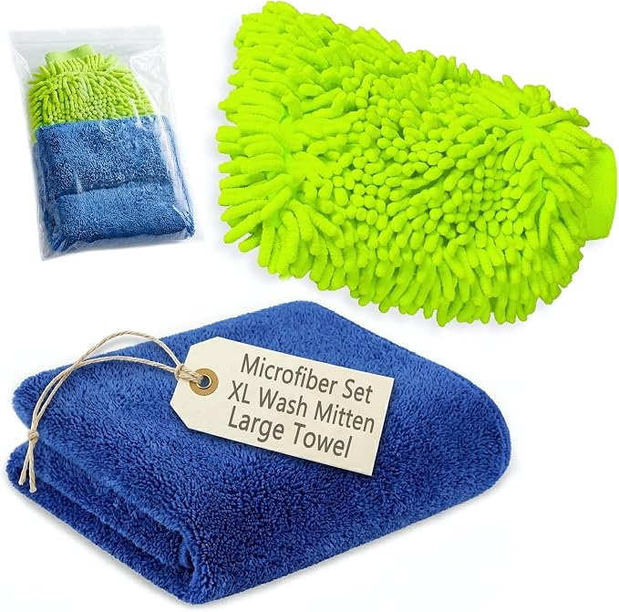 Microfiber Fingers Dusting & Cleaning Mitt and Large Towel Set, Machine Washable, Highly Absorbent Car Detailing Cleaner for Drying, Washing and Wax Polishing (1 Green Mitt, 1 Blue Towel)