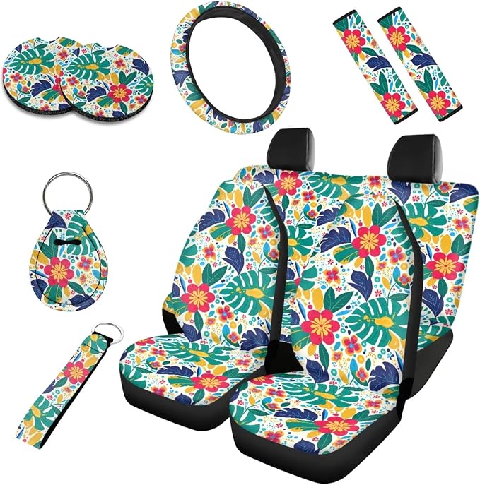 10 Set Island Hibiscus Monstera Car Seat Covers, Tropical Plant Hibiscus Steering Wheel Cover Seat Belt Pads, Island Style Flowers Leaf Cup Holder Keychain