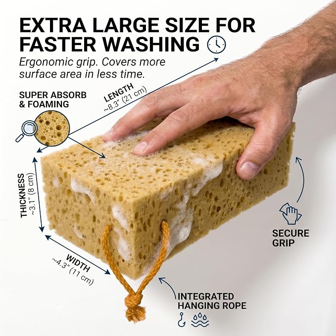 Extra Large Premium Car Wash Sponge | Scratch-Free Cleaning Sponge for Car & Truck | Non-Compressed High Foam Honeycomb Auto Detailing Sponge | 8.3" x 4.3" x 3.1" | Single Pack (1-Piece)