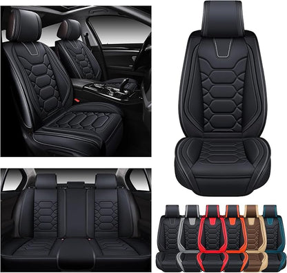 OASIS AUTO Car Seat Covers Full Set, Sporty Faux Leather with Honeycomb Pattern, Waterproof Universal Fit for SUV, Sedan, Pick-up Truck, Automotive Interior Accessories (OS-004 Black)