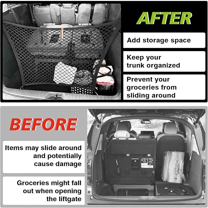 Muslogy Truck Bed Cargo Net Trunk Netting Compatible with 2021-2025 2026 Toyota Sienna Accessories, Pickup Cargo Organizer SUV Sedan Storage Net w/Heavy Duty Carabiners