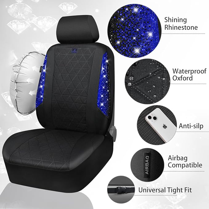CAR PASS Oxford Bling Diamond Car Seat Covers Full Set Interior Sets, Waterproof Shining Glitter Sparkly Crystal Universal Armrest Fit 95% Automotive Truck SUV Cute Women Girl, Black Blue Rhinestone