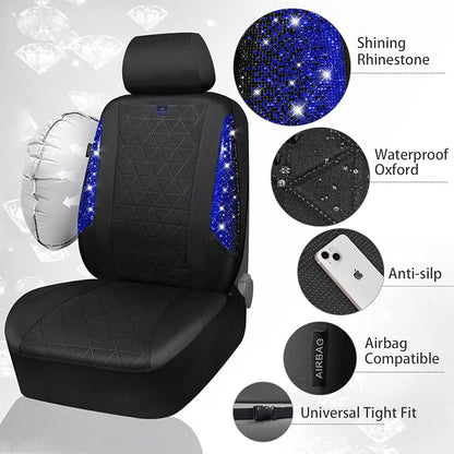 CAR PASS Oxford Bling Diamond Car Seat Covers 2 Front Interior Sets, Waterproof Shining Glitter Sparkly Crystal Universal Armrest Fit 95% Automotive Truck SUV Cute Women Girl, Black Blue Rhinestone