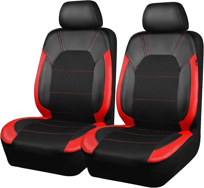 CAR PASS Leather Car Seat Covers Front Seats Only, with Air Mesh Front Seat Covers Breathable, Cool Automotive Seat Covers 2 Pack, Universal Fit Most Cars,SUV,Truck,Van Airbag Compatible(Black & Red)