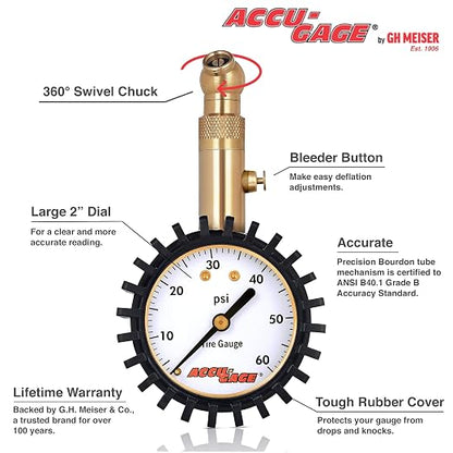 Accu-Gage RS60XA Professional Tire Pressure Gauge with Protective Rubber Guard (60 PSI)