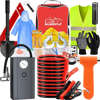 Car Roadside Emergency Kit, Vehicle Truck Safety Emergency Road Side Assistance Kits with Jumper Cables, Red