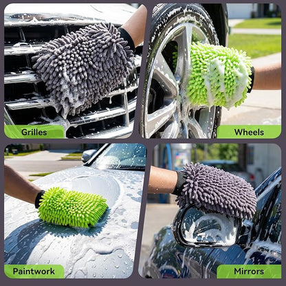 2Pack Car Wash Mitt, 8"×12" Fiber Microfiber Mitt Car Wash Brush for Scratch, Safe on Painted Surfaces, Glass & Plastic, Cars Cleaning Kit Essential, Green