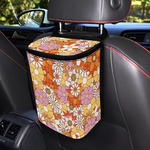 Vintage Hippie Floral Print Car Trash Can with Lid Car Accessories for Men Women Trash Bin Hanging Back of Seat Collapsible Leak Proof Multipurpose Vehicle Garbage Can
