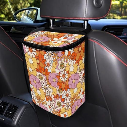 Vintage Hippie Floral Print Car Trash Can with Lid Car Accessories for Men Women Trash Bin Hanging Back of Seat Collapsible Leak Proof Multipurpose Vehicle Garbage Can