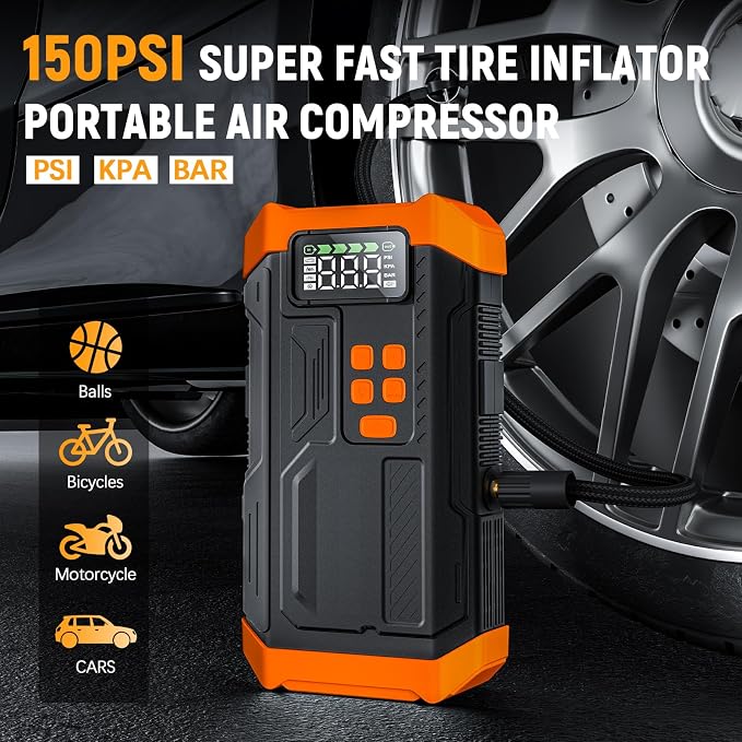 5000A Jump Starter with Air Compressor,Car Jumper Starter Portable with 150PSI Tire Inflator 12V Jump Box with LCD Display,Flashlight,Storage Case (Up 9L Gas/8L Diesel Engine（Orange