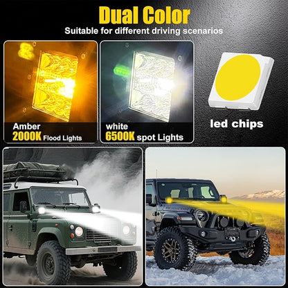 4 Inch 60W LED Pod Lights, 6 Modes Amber White Dual Color Strobe Cube LED Auxiliary Driving Offroad Light Bar Spot Flood Combo Flashing Shooter Fog Lights Pod for Tucks ATV UTV Jeep Boat