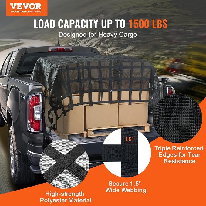 VEVOR Cargo Net with Mesh, 120 in x 105 in, Heavy Duty Truck Cargo Net-(WLL) 1,500lbs, 4 Adjustable Straps with Carabiners & S-Hooks, Truck Bed Cover for Trailer, Pickup, Boat, Jeep, SUV 8.75’x10’