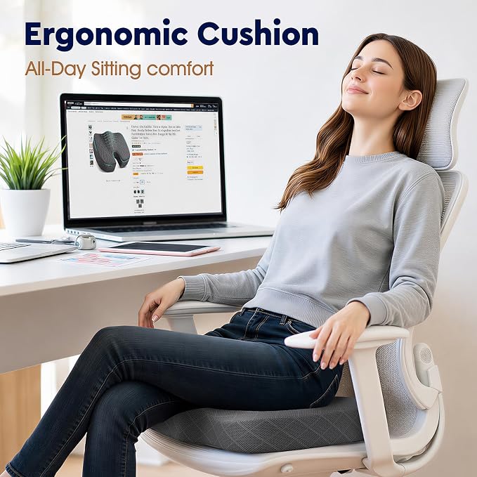 TushGuard Seat Cushion - Memory Foam Sitting Pillow for Office Chair, Car Seat, Airplane, Bleacher - Sciatica & Hip & Coccyx Pain Relief Desk Chair Cushion for Long Sitting Office Workers, Car Drivers