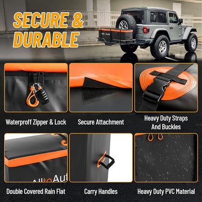 50 CuFt AlltoAuto Waterproof Cargo Bag for Hitch Carrier | 72"x36"x35" Trailer Hitch Cargo Carrier | Weatherproof Truck Bed Storage with Straps, Lock & Carry Case | PVC Vehicle Soft-Shell Carriers
