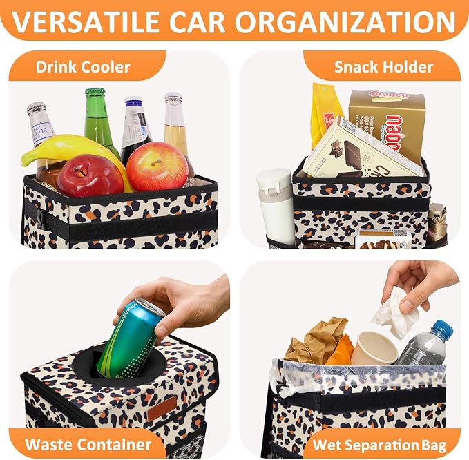 Vankor Cute Car Trash Can, Car Accessories for Women Interior Can Trash Bag Hanging Automotive Garbage Cans Leopard Pattern