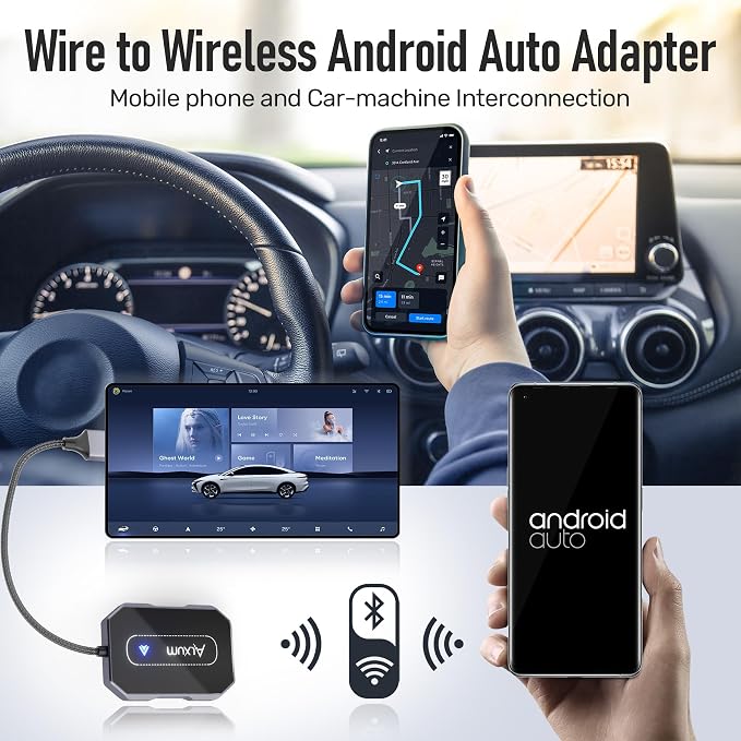 Alxum Wireless AA Adapter - Convert Wired to Wireless for Android Auto, Dual Connection Design, Online Upgrade Only, Supports AA 12+