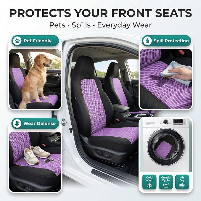 FH Group Automotive Front Car Seat Covers for SUV, Trucks, Sedan and More - Universal Fit Rear Solid Bench Design Interior Accessories - 3D Mesh Fabric Center Panel - Purple