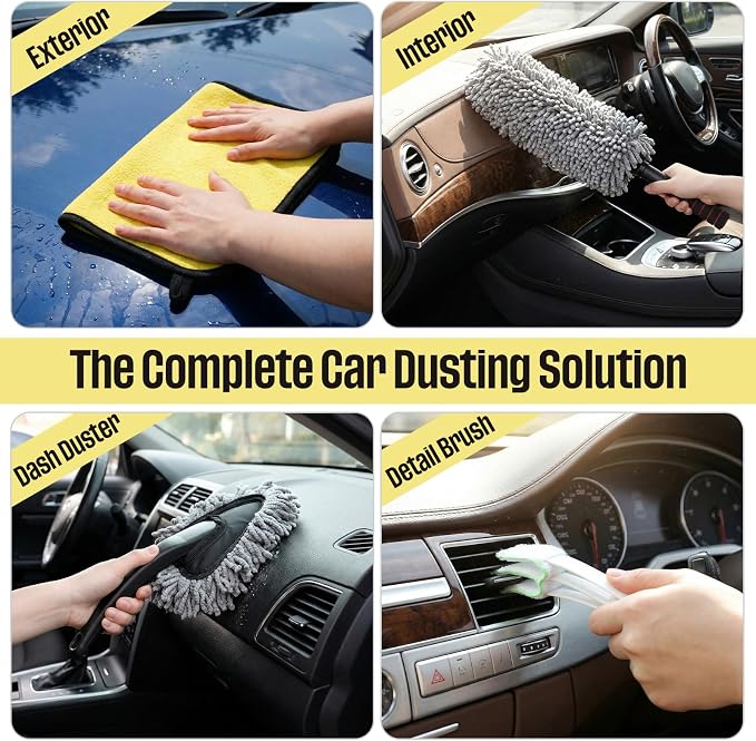 Lounsweer 4 Pcs Large Car Duster Set Microfiber Dust Cleaning Sets with Extendable Handle Exterior Duster Dashboard Detailing Brush Interior Exterior Cleaning Sets for Auto Truck Boat