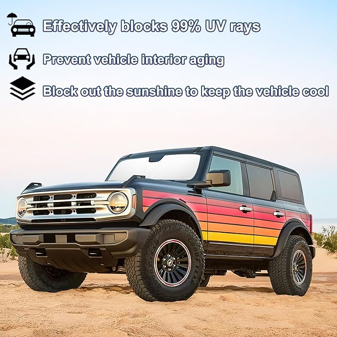 Windshield Sun Shade for 2021-2026 Ford Bronco 2/4 Door| Foldable Front Window Sunshade| 310T Reflective Polyester| UV Heat Insulation Protection| Outdoor Camping (Not for Bronco Sport)
