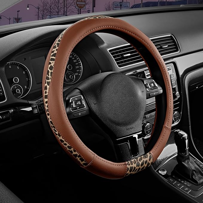 Road Comforts Steering Wheel Cover - Flat Bottom Wheel Cover Made with PVC Leather and Leopard Fabric - Universal Fit for 15-Inch D-Shaped Automotive Steering Wheels (Brown Color)