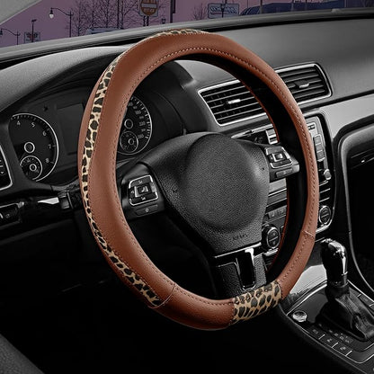 Road Comforts Steering Wheel Cover - Flat Bottom Wheel Cover Made with PVC Leather and Leopard Fabric - Universal Fit for 15-Inch D-Shaped Automotive Steering Wheels (Brown Color)