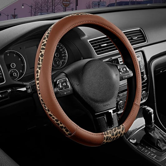 Road Comforts Steering Wheel Cover - Flat Bottom Wheel Cover Made with PVC Leather and Leopard Fabric - Universal Fit for 15-Inch D-Shaped Automotive Steering Wheels (Brown Color)