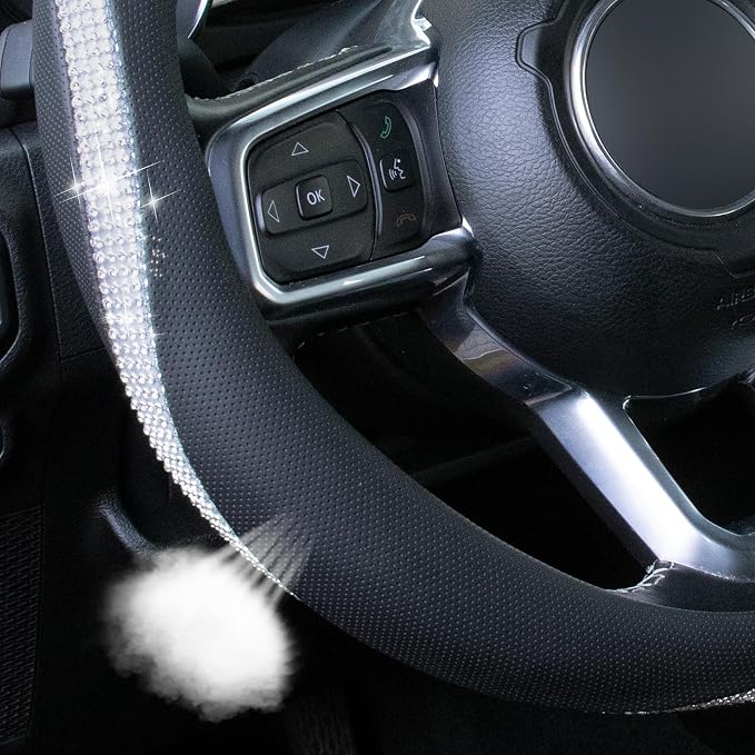 KAFEEK White Crystal Steering Wheel Cover, Sparkly Clear Diamond Breathable Leather Car Protector, Universal 15 Inch Fit for Women Girls, Anti-Slip Comfortable, Silver White