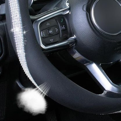 KAFEEK White Crystal Steering Wheel Cover, Sparkly Clear Diamond Breathable Leather Car Protector, Universal 15 Inch Fit for Women Girls, Anti-Slip Comfortable, Silver White