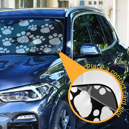 White Black Paws Print Windshield Sun Shade for Car Auto SUV Truck Foldable Front Window Sunshade Sun Visor Protector Block UV Rays Reflect Heat, 55" x 28"