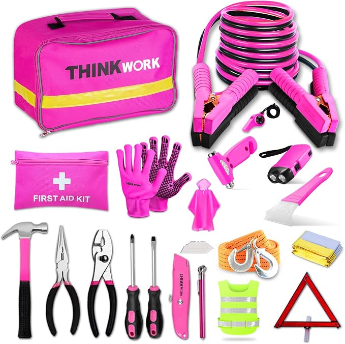THINKWORK Car Emergency Kit for Teen Girl and Lady's Gifts, Pink Emergency Roadside Assistance kit with Pink Car Tool Set, 10FT Jumper, First Aid Kit, and More Ideal Pink Car Accessories Tool - E8