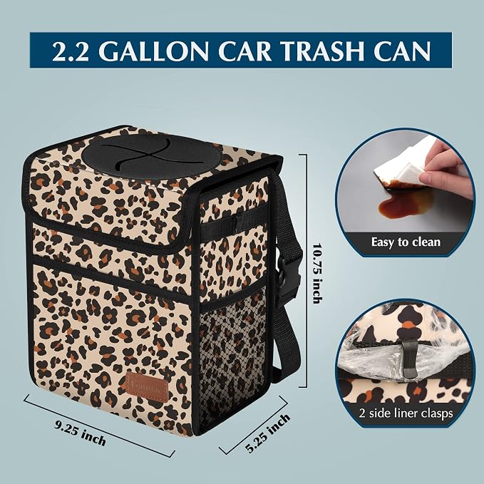 Car Trash Can with Lid Leak Proof Garbage Waterproof Bag for SUV Front Seat Multipurpose Hanging Headrest Collapsible and Portable Storage Mesh Pocket, Leopard Print