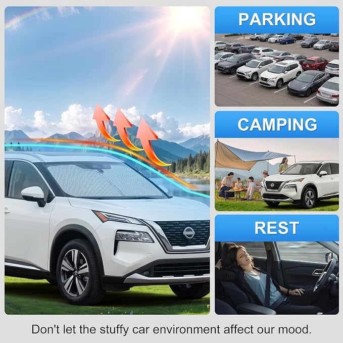 Custom Fit Windshield Sun Shade for Nissan Rogue 2021-2026 | Perfect Vehicle Fit, Cooler Interior, Blocks UV Rays, Stronger Frame, Easy Fold & Store