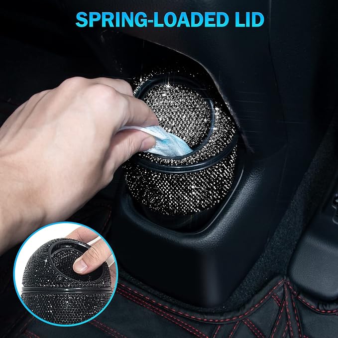 eing Car Trash Can Bling Crystal Auto Mini Trash Bin for Car Office Home Women,Car Cup Holder Garbage Can with Lid and 5 Pack Disposable Garbage Gag, Black