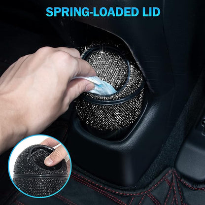 eing Car Trash Can Bling Crystal Auto Mini Trash Bin for Car Office Home Women,Car Cup Holder Garbage Can with Lid and 5 Pack Disposable Garbage Gag, Black