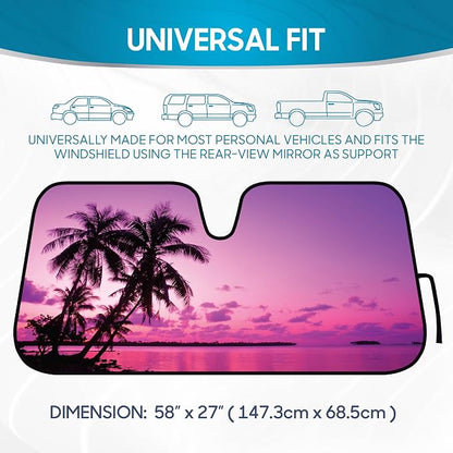 BDK Purple Sunset Beach Front Windshield Sun Shade Accordion Folding Cute Car Window Shades for Truck & Car Sunshade Shield for Sun UV Rays - Visor Protector Keeps Your Vehicle Cool - 58 x 27 inches