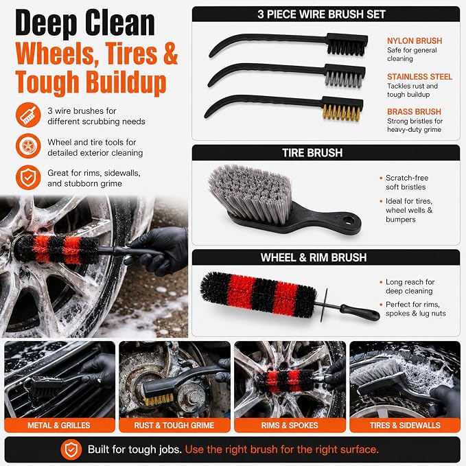 18-Piece Car Detailing Kit – Complete Car Interior Detailing Kit and Exterior Cleaning Set with Detail Brushes, Wire Brushes, Waxing Mop, and Microfiber Accessories for Vehicles