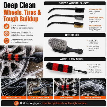18-Piece Car Detailing Kit – Complete Car Interior Detailing Kit and Exterior Cleaning Set with Detail Brushes, Wire Brushes, Waxing Mop, and Microfiber Accessories for Vehicles