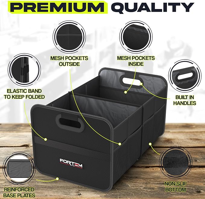 FORTEM Car Trunk Organizer, Collapsible Two Compartment Organizer, Foldable SUV & Truck Storage for Car Accessories for Women Men, Non Slip Bottom, Sturdy Side Walls, Strong Handles, 45L