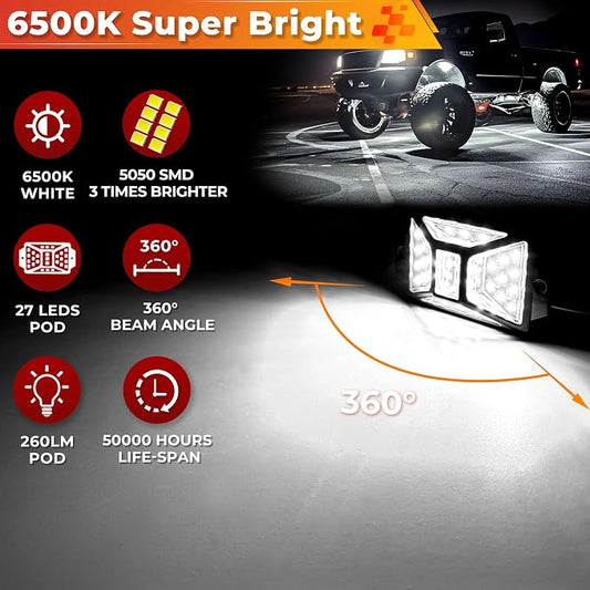 30 Pods Pure White LED Rock Lights Kit with Switch Wiring Harness,6500K 810 LEDs Bright Rock Lights for Trucks,Waterproof Underglow Light for Car Jeep Off Road ATV UTV SUV(Patented)