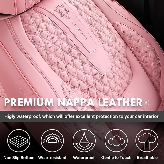 Coverado Seat Covers Front Seats, Pink Car Seat Cover with Lumbar Support, Waterproof Car Seat Cushion, Front Car Seat Covers Leatherette Car Seat Protector Universal Fit Most Cars
