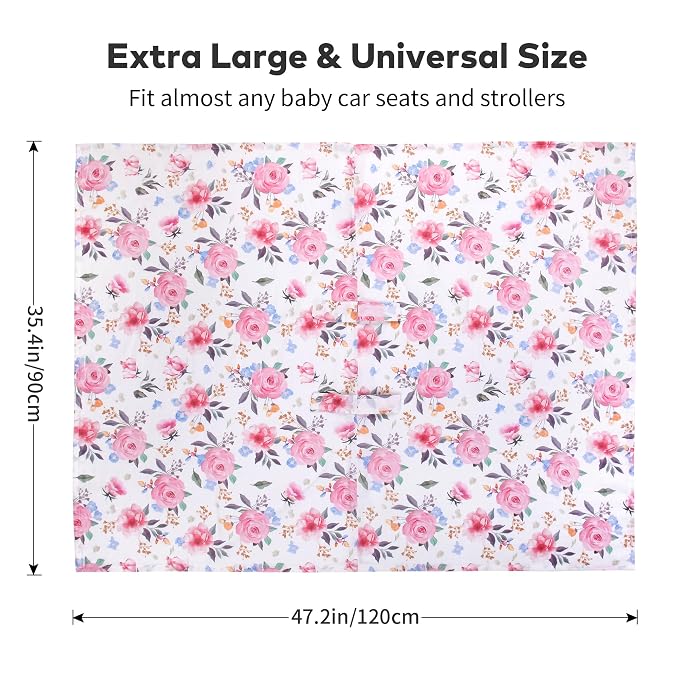 Rquite Infant Car Seat Cover for Babies Girls, 100% Muslin Cotton Carseat Canopy, Breathable Stroller Sun Shade, Baby Shower Gift & Newborn Essentials, Universal Fit Summer & Hot Weather (Floral)