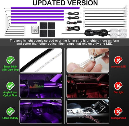 Acrylic Interior Car LED Strip Light with Wireless APP, RGB 18 in 1 with 175 inches 612 LEDs Fiber Optic Strip Lights for Car, Dual Zone Music Sync Neon Car Ambient Lighting Kits